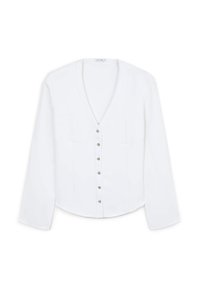 Camicia bianca a maniche lunghe, design a scollo a V, con sei bottoni metallici sul davanti, due tasche sul petto e una texture liscia.