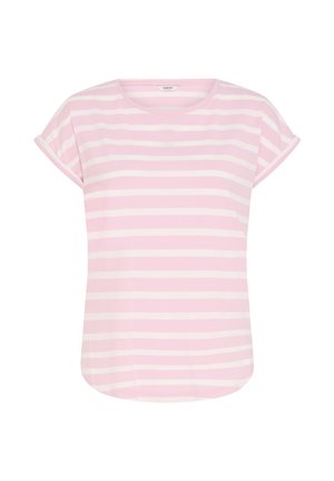 T-shirt à manches courtes rayé horizontalement rose et blanc avec col ras du cou, manches retroussées et ourlet arrondi.