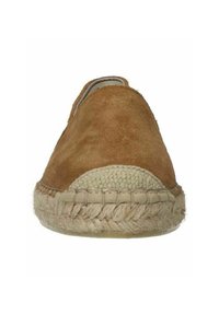 Brown suede slip-on shoe featuring a jute rope midsole and a rounded toe. Smooth texture with visible stitching along the edge.