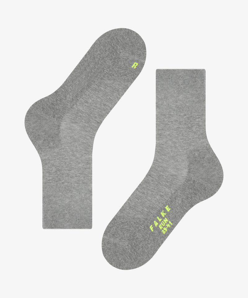 Gray cotton socks featuring a reinforced heel and toe, with the letters "R" and "FALKE" printed in neon yellow. Smooth texture, medium length.