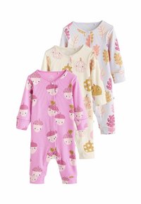 Tre långärmade babybodyer: rosa med ekollontryck, krämfärgade med pumpa- och blommönster, och ljusblå med lövmönster.