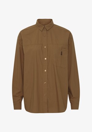 Brown button-up shirt made of cotton, featuring long sleeves, a collar, front pocket, and a stitched accent on the left side.