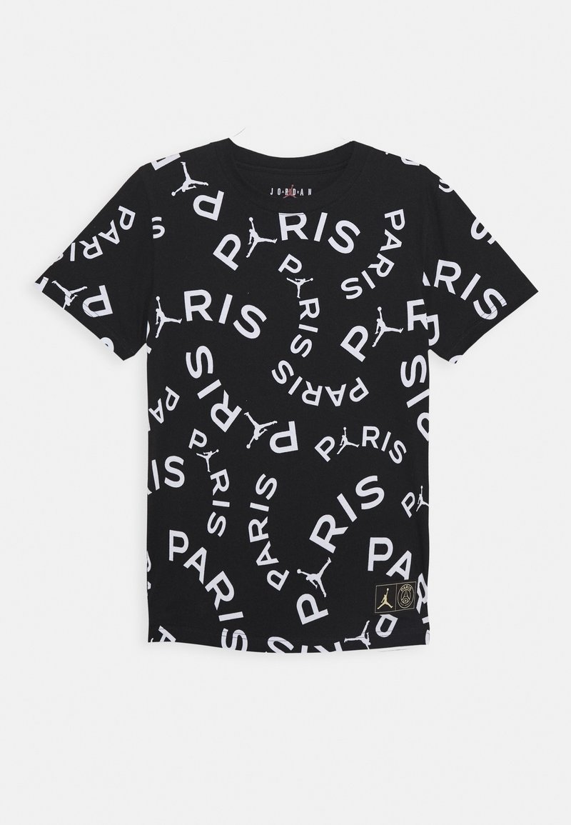 T-shirt nera in cotone con stampa bianca "PARIS" e loghi Jumpman su tutta la superficie, scollo rotondo, maniche corte e logo con accento dorato.