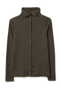 Langarm-Olivgrünes Oberteil mit durchgehender Knopfleiste, gerippter Struktur und umgeschlagenem Kragen. Mit passenden Knöpfen entlang der Mitte.