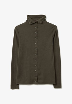 Long-sleeve olive green top with a button-up front, ribbed texture, and a fold-over collar. Features matching buttons along the center.