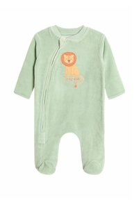 Hellgrüner Fleece-Overall mit langen Ärmeln. Mit einem gestickten Löwen und dem Text "Little Roar". Mit Reißverschluss und geschlossenem Fußdesign.