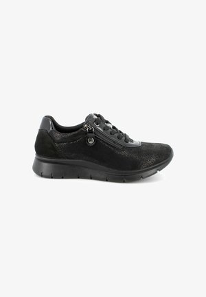 Sneaker casual nera con texture floreale, zip laterale, chiusura con lacci e suola imbottita progettata per comfort e facilità d'uso.