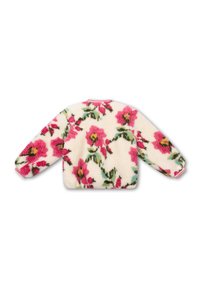 Nepluche trui, crèmekleurige achtergrond, met heldere roze bloemmotieven en groene accenten. Ronde halslijn en omgeslagen mouwen.