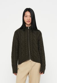 Dunkelgrüner Kabelstrickpullover mit hohem Kragen und silbernem Reißverschluss. Gerippter Saum und Bündchen. Trägt eine hellfarbige Hose.