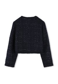 Námořnická modrá zkrácená bunda vyrobená z texturované tkaniny s tkaným vzorem, s dlouhými rukávy a kulatým výstřihem.