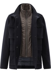 Navy outer coat with multiple pockets, button closures, and a stand collar; features a removable brown quilted inner layer with a zip.