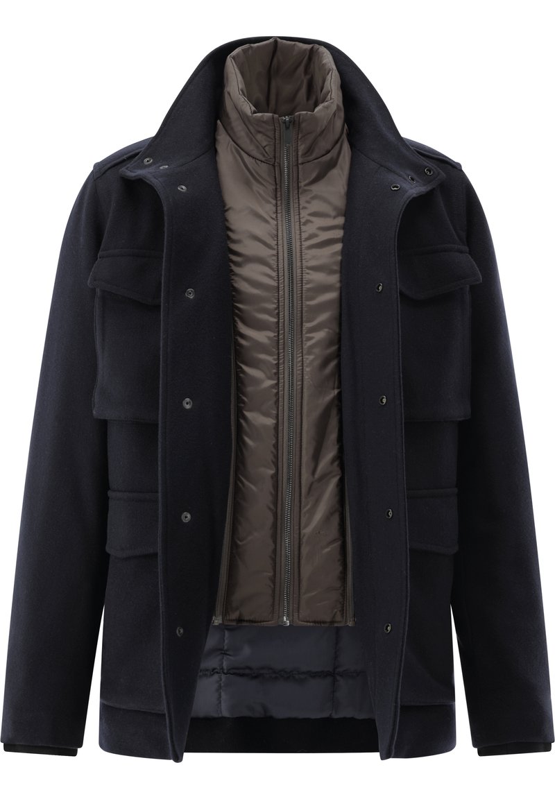 Navy outer coat with multiple pockets, button closures, and a stand collar; features a removable brown quilted inner layer with a zip.