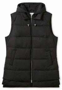 Schwarze Daunenweste mit Kapuze, Reißverschluss, seitlichen Taschen und gestepptem Design. Mit Kordeln an der Kapuze und metallischen Akzenten.