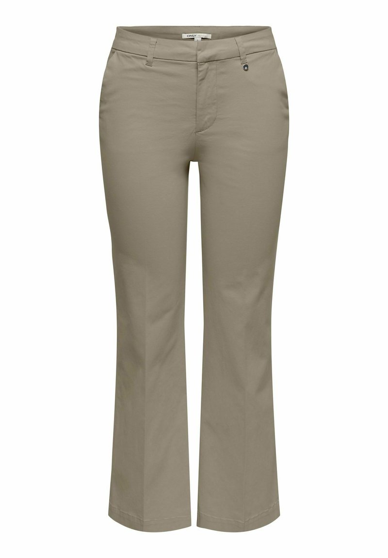 Pantalon beige à jambes droites avec passants de ceinture, fermeture éclair à l'avant avec bouton, poches avant, et légère évasement au bas.
