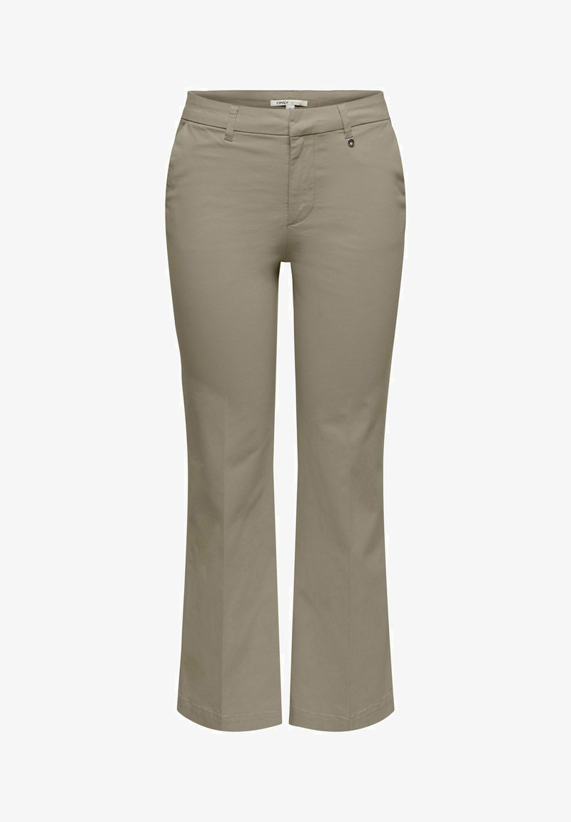 Pantalon beige à jambes droites avec passants de ceinture, fermeture éclair à l'avant avec bouton, poches avant, et légère évasement au bas.