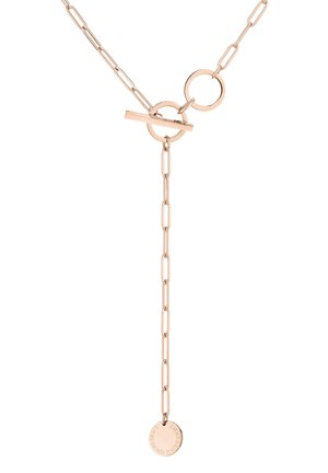 Ruusu kultainen ketjukaulakoru, jossa on pitkänomaiset lenkit, vipulukko ja pieni pyöreä riipus, johon on kaiverrettu "LIEBESKIND".