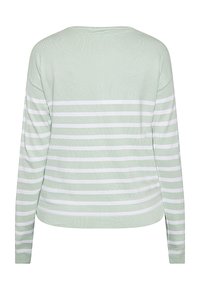 Hellgrüner, langärmeliger Pullover mit horizontalen weißen Streifen. Verfügt über einen lockeren Schnitt und eine strukturierte Oberfläche. Runde Ausschnittform und Seitenschlitze.