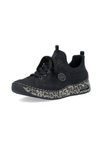 Chaussure de ville noire à lacets avec semelle imprimé léopard, bout rond, col matelassé et étiquette circulaire de marque sur le côté.