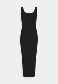 Robe midi noire cintrée sans manches avec encolure ronde et ourlet droit sur fond gris clair uni.