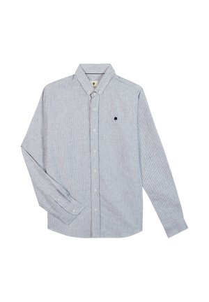 Camicia a maniche lunghe con bottoni, a righe verticali blu e bianche, colletto abbottonato e piccolo logo ricamato scuro sul petto sinistro.