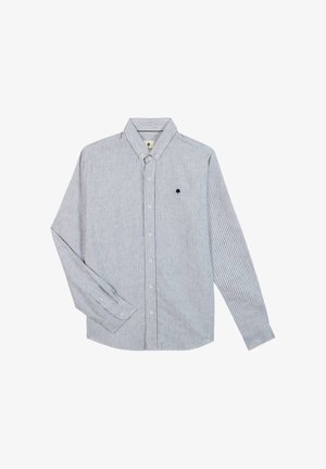 Camicia a maniche lunghe con bottoni, a righe verticali blu e bianche, colletto abbottonato e piccolo logo ricamato scuro sul petto sinistro.