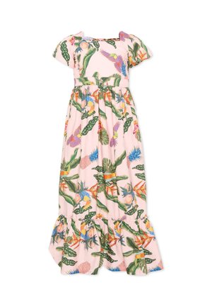 Roze maxi-jurk met korte mouwen en een tropische print met groene bladeren, kleurrijke vogels en verschillende fruitpatronen.