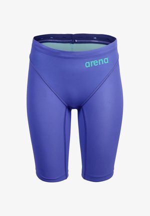 Plave kupaće hlačice Arena brenda do koljena s ravnim šavovima i svijetlozelenim unutarnjim pojasom.