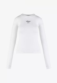 Weißes Langarm-T-Shirt aus weichem Material, mit rundem Ausschnitt und dezentem schwarzen Text auf der Brust.