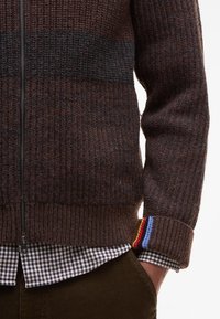 Zip-front cardigan in brown and dark grey knit. Features ribbed texture, contrasting cuff with blue, red, and yellow stripes, worn over a checkered shirt.
