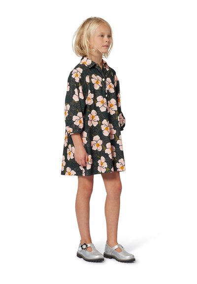 Robe fleurie avec un fond vert foncé, décorée de fleurs roses et jaunes. Manches longues et col classique. Chaussures argentées avec un accent noir.