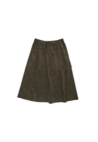 Olive green, spódnica do kolan wykonana z miękkiego kordurowego materiału, z elastycznym pasem i sznurkiem do regulacji. Posiada dwie duże przednie kieszenie.