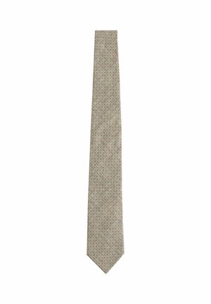 Cravate à motifs en beige clair avec des designs géométriques dans des couleurs atténuées. Forme slim avec une pointe ; texture lisse, adaptée aux tenues formelles.