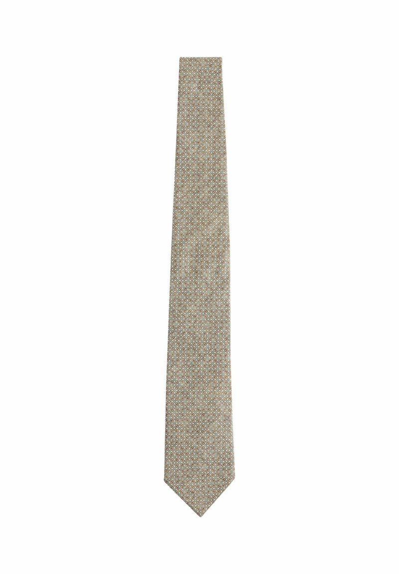Krawat w jasnym beżu w wzory geometryczne w stonowanych kolorach. Slimowany kształt z ostrym końcem; gładka faktura, odpowiedni do eleganckiego ubioru.