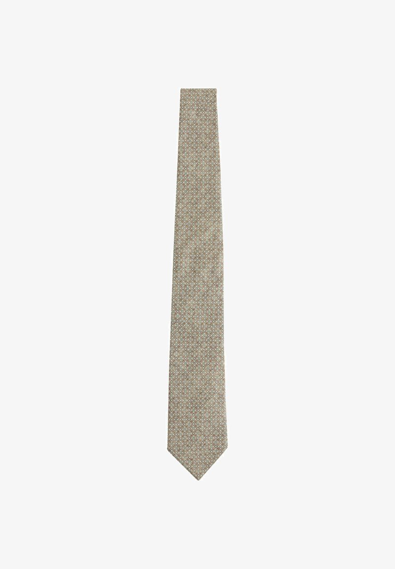 Krawat w jasnym beżu w wzory geometryczne w stonowanych kolorach. Slimowany kształt z ostrym końcem; gładka faktura, odpowiedni do eleganckiego ubioru.