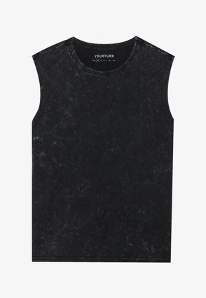 Schwarzes ärmelloses T-Shirt aus strukturiertem Stoff mit einem verschlissenen Aussehen. Rundhalsausschnitt und gerader Saum mit subtilen Nähdetails.