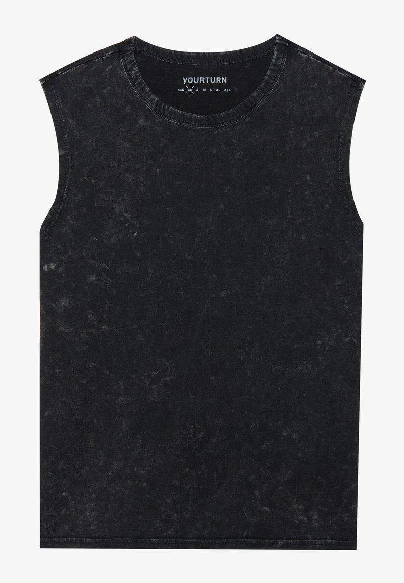 T-shirt nera senza maniche realizzata in tessuto strutturato con un aspetto sbiadito. Collo rotondo e orlo dritto con dettagli di cucitura sottili.