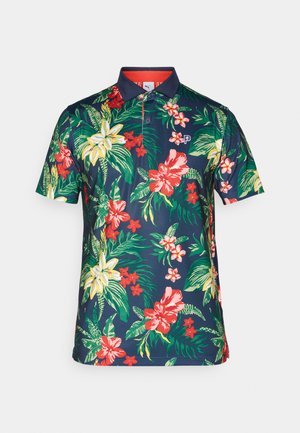 Floral polo shirt featuring a navy background, with vibrant red and yellow flowers, green leaves, and a contrasting navy collar.
