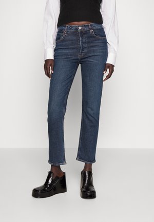 Dark blue denim jeans with a straight leg, high waist, and frayed hem edges. Features subtle stitching and a classic five-pocket design.