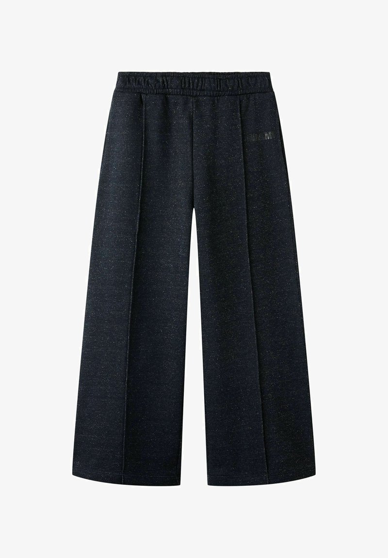 Tmavě modré kalhoty s širokými nohavicemi s texturovaným povrchem, vybavené elastickým pasem a jemnými třpytivými akcenty. Bez viditelného loga.