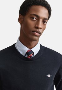 Marineblauer Pullover mit Rundhalsausschnitt und Rippstrickkragen, getragen über einem hellblauen Hemd mit Kragen und einer rot gestreiften Krawatte mit gelben Akzenten. Logo auf der Brust.