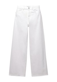 Pantalon en jean blanc à jambes larges avec poches avant et passants pour ceinture, doté d'une fermeture à bouton et à glissière.