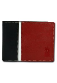 Bifold wallet with black and red leather panels, white stitching, and embossed logo. Features smooth texture and a compact rectangular shape.