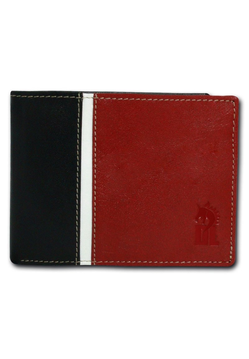 Bifold wallet with black and red leather panels, white stitching, and embossed logo. Features smooth texture and a compact rectangular shape.