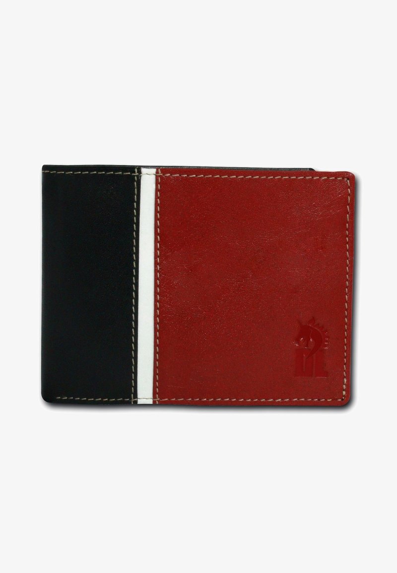 Bifaltige Geldbörse mit schwarzen und roten Lederpanelen, weißen Nähten und geprägtem Logo. Verfügt über eine glatte Textur und eine kompakte rechteckige Form.