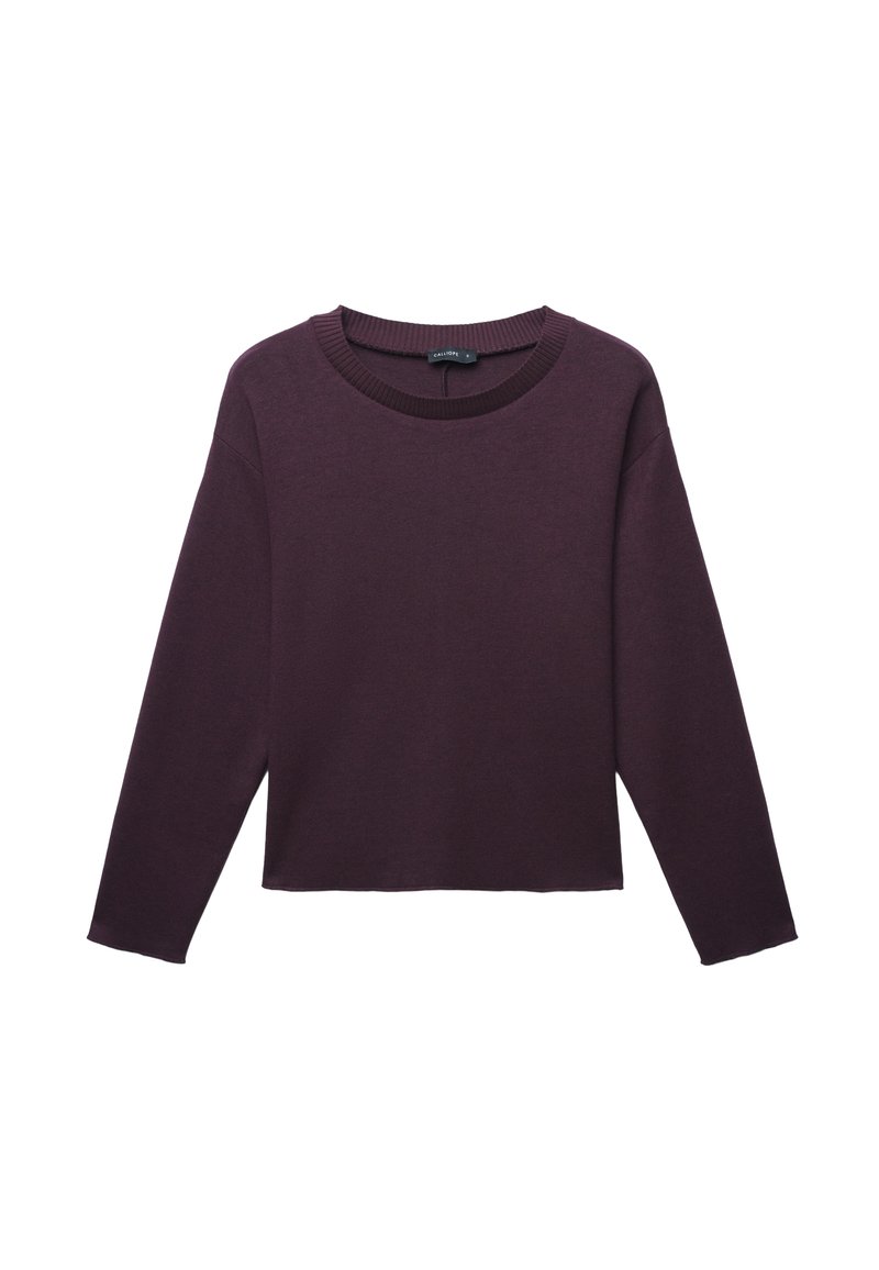 Burgunderfarbener Pullover mit langen Ärmeln, rundem Ausschnitt und lässiger Passform. Hergestellt aus weichem Strickmaterial, mit gerippten Bündchen und Saum.