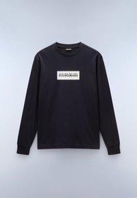 Black long-sleeve t-shirt made of cotton. Features a rectangular logo in white with text. Round neckline and ribbed cuffs.