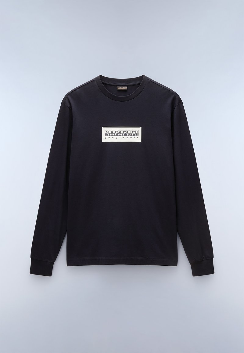 T-shirt a maniche lunghe nera in cotone. Presenta un logo rettangolare bianco con testo. Collo rotondo e polsini a costine.