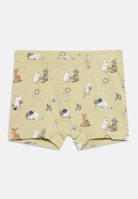 Ανοιχτό πράσινο παιδικό μπόξερ με παιχνιδιάρικους χαρακτήρες καρτούν, όπως ένα λευκό ιπποπόταμο, έναν νάνο, ένα ελάφι, ήλιο, σύννεφα και φυτά.