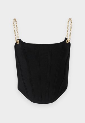 Sort korsettop med strukturerede paneler, der har kæder i guldtonet og en glat tekstur. Unik design med en afrundet kant.