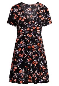 Robe noire à manches courtes et décolleté en V, ornée d'un motif floral orange, violet et blanc, avec une taille élastique.